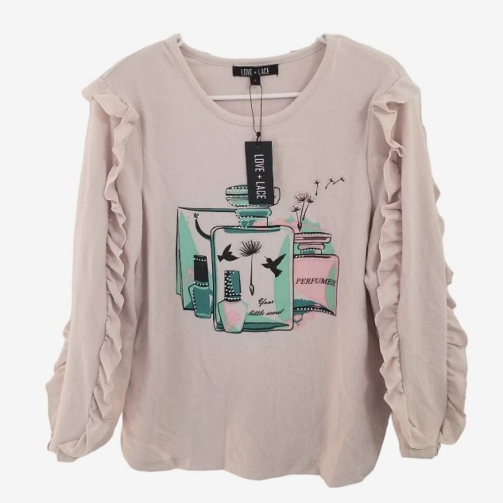 NWT Love + Lace Graphic Sweater with Ruffled Sleeves Women's Size LG
